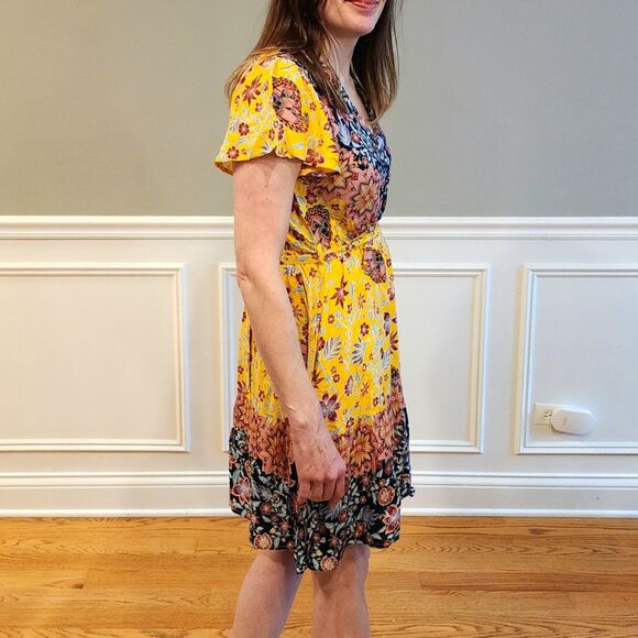 Boho Chic Yellow Paisley Surplice Tie Waist Ruffle Hem Dress Large - Picture 3 of 12